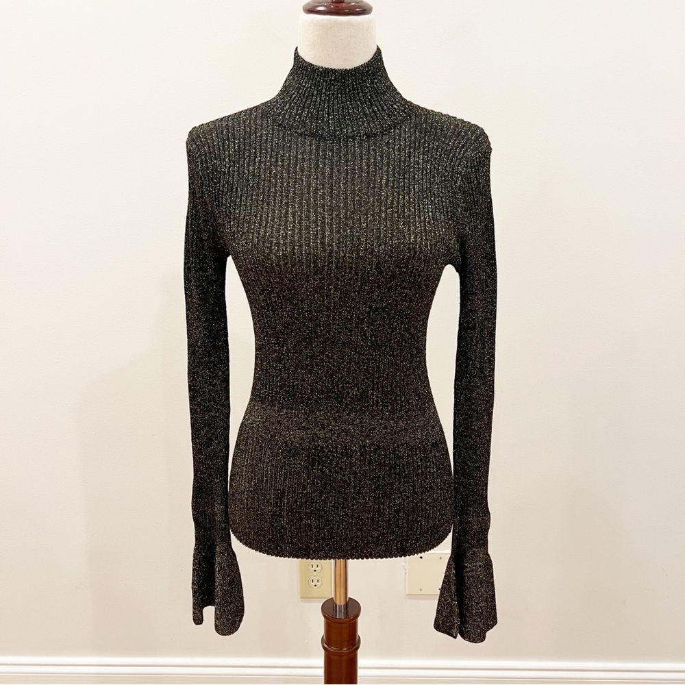 Veronica Beard Metallic Mock Neck Sweater Womens Small Black Gold Flared Sleeves